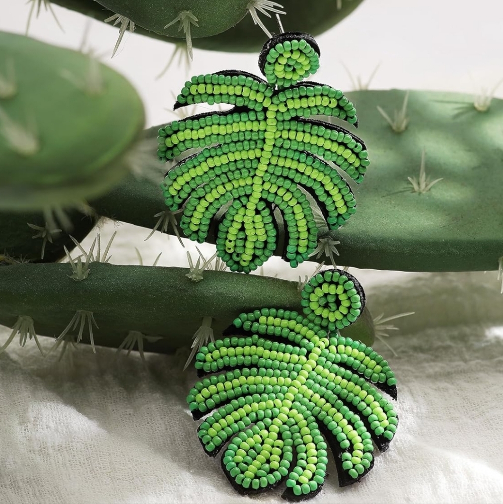 Green Beaded Green Leaf Earrings Gift Jewelry Tropical Accessories - Picture 2 of 4